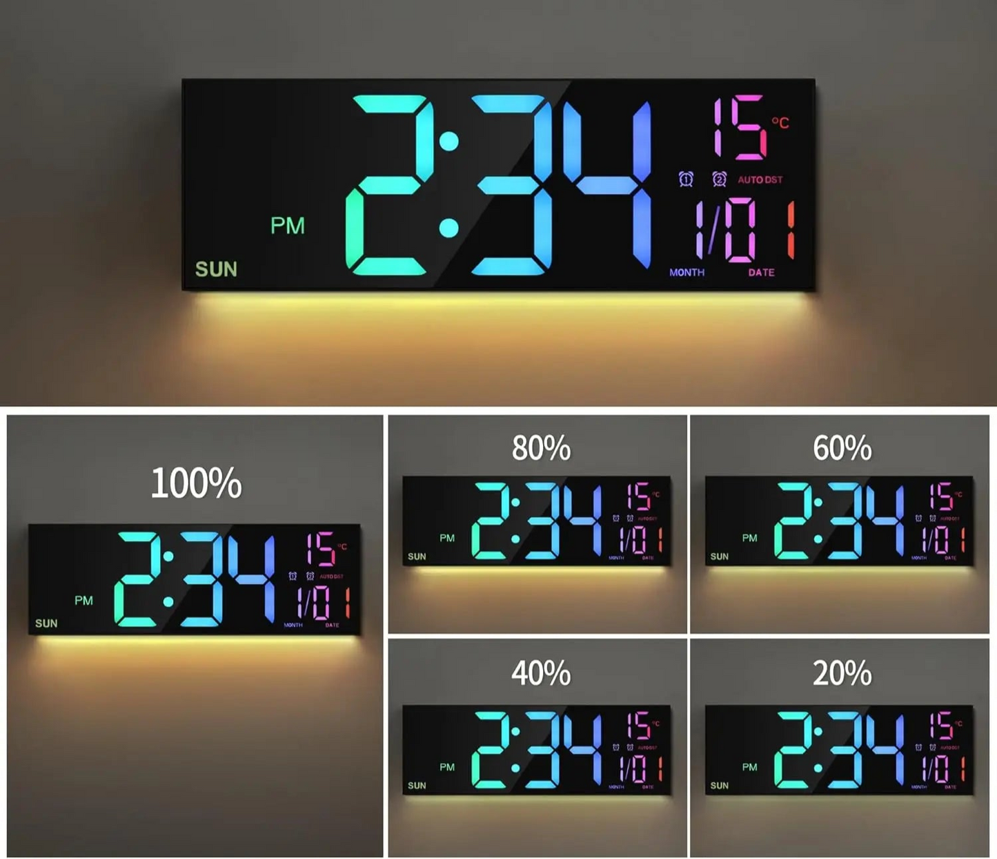 Horloge Murale | Digitale Numérique Multicolore | Télécommandée Colorée | Zayn