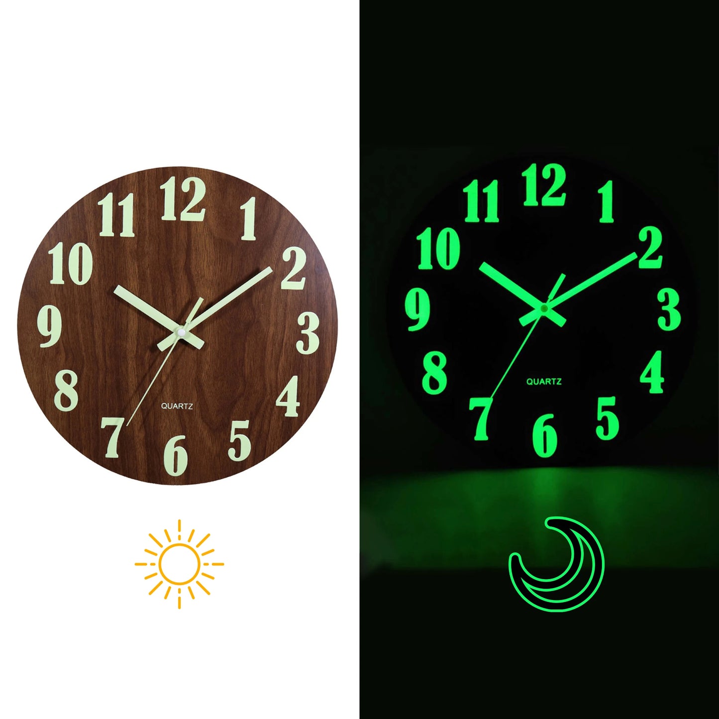 Horloge Murale | Phosphorescente Bois Noble | Bois Phosphorescent | Niko
