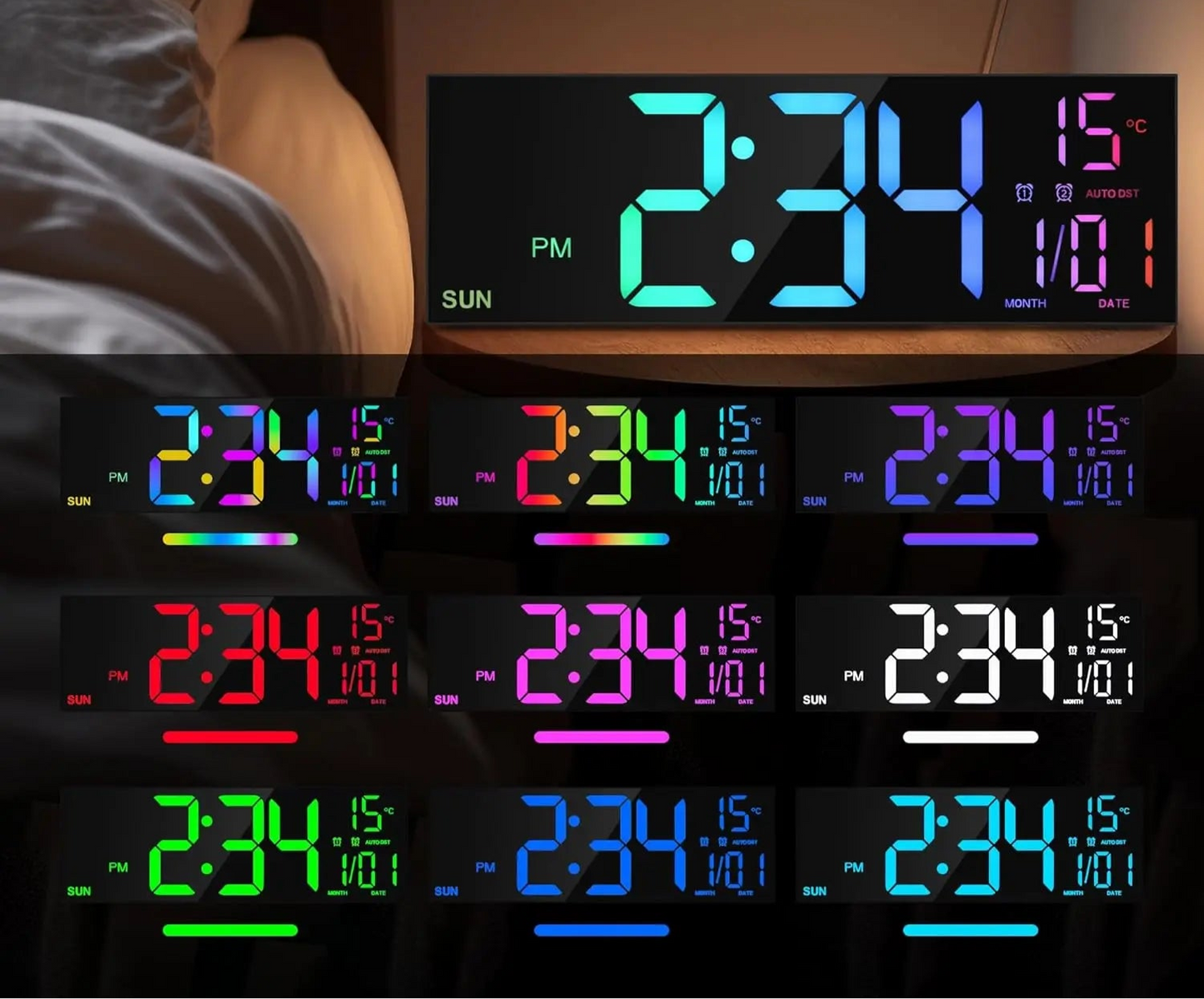 Horloge Murale | Digitale Numérique Multicolore | Télécommandée Colorée | Zayn